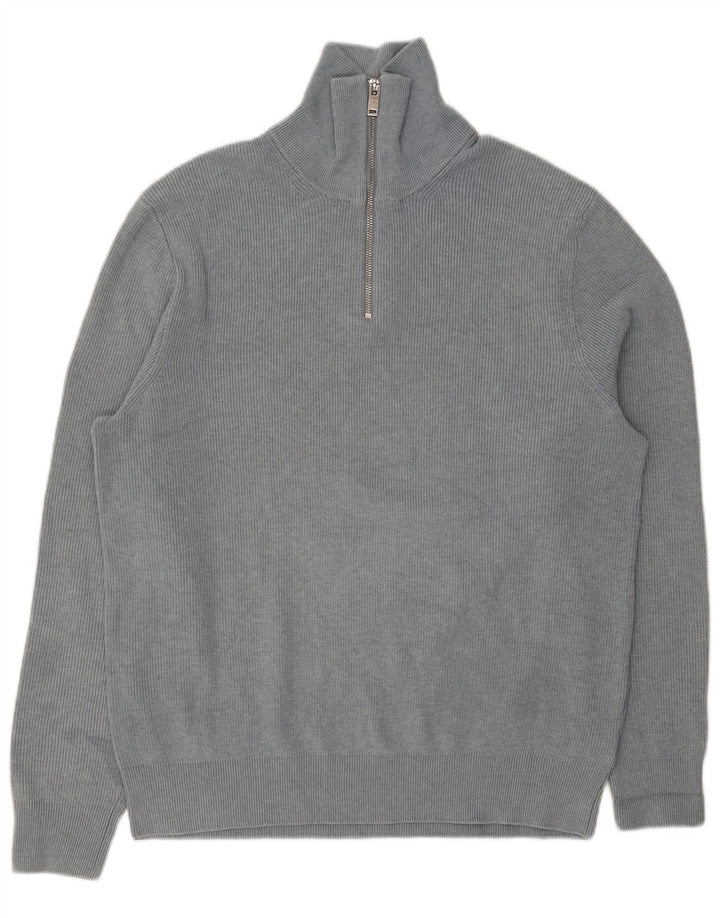 Marks & Spencer Herren-Pullover mit Reißverschluss am Hals, groß, aus blauem Polyester