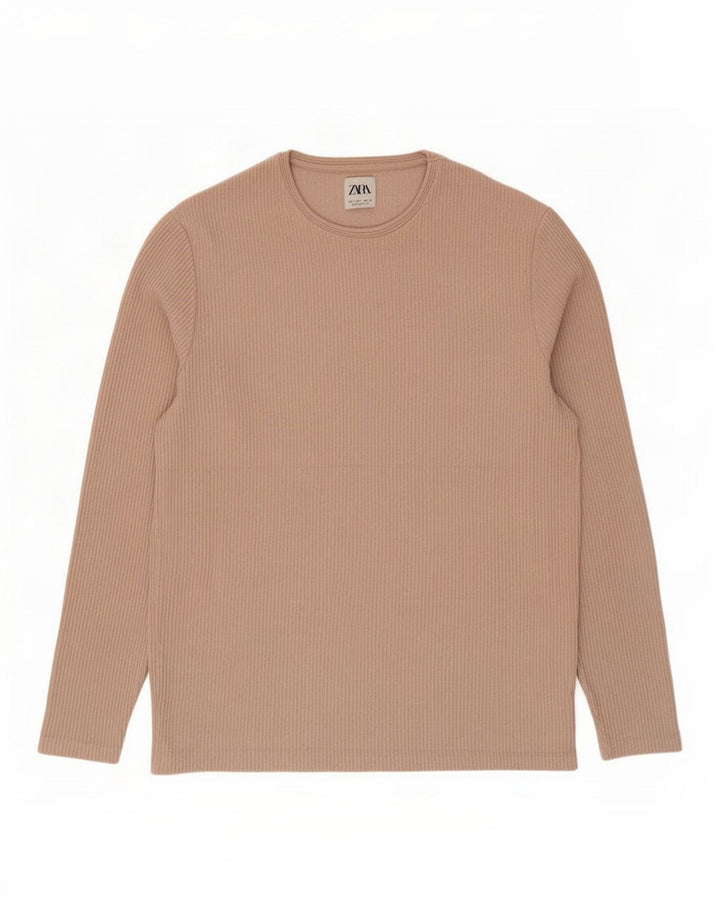 Zara Herren-Oberteil, langärmelig, groß, Beige, Baumwolle