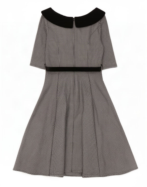 HELL BUNNY Damen-Kleid in A-Linie mit 3/4-Ärmeln, Größe M, Schwarz, Hahnentrittmuster
