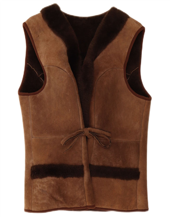Vintage Damen Shearling Gilet UK 10 Klein Braun