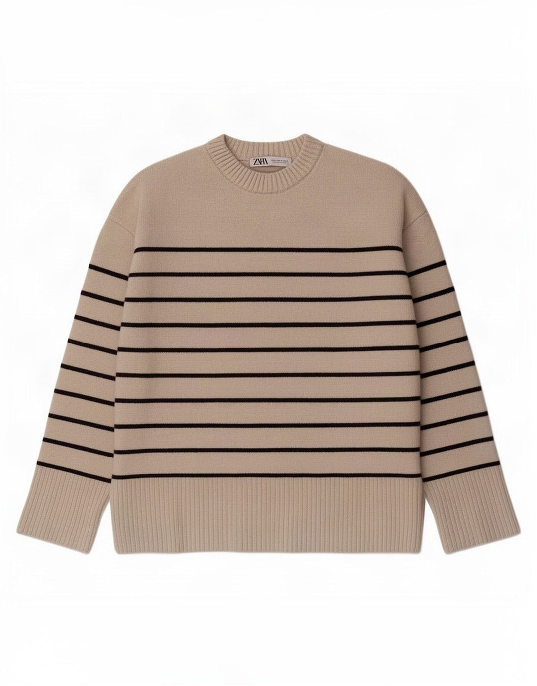 Zara Damen-Pullover, übergroß, Rundhalsausschnitt, Gr. 14, mittelbeige gestreift