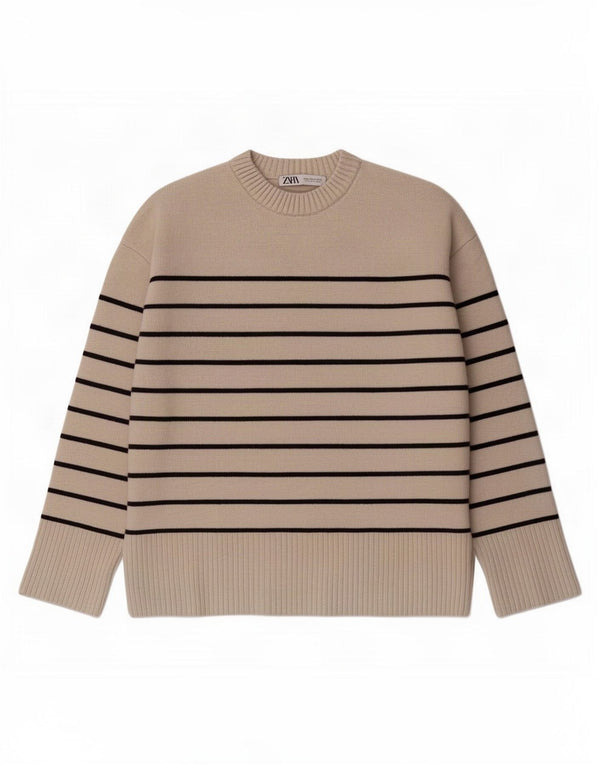 Zara Womens Oversized Crew Neck Jumper Sweater UK 14 Medium Beige Striped