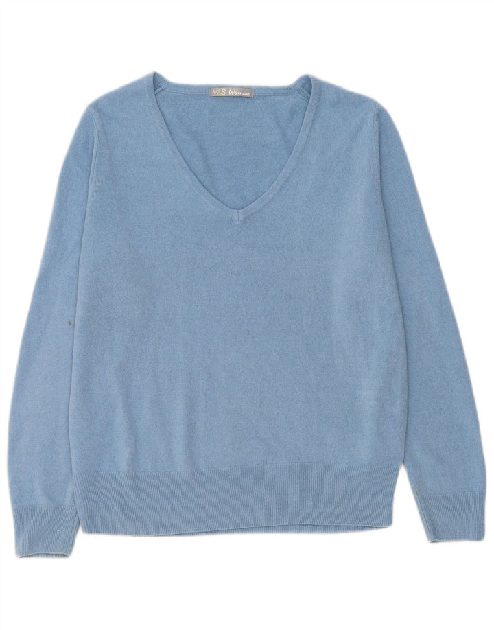 Marks & Spencer Damen-Pullover mit V-Ausschnitt, UK 14, Größe L, Blau, Acryl