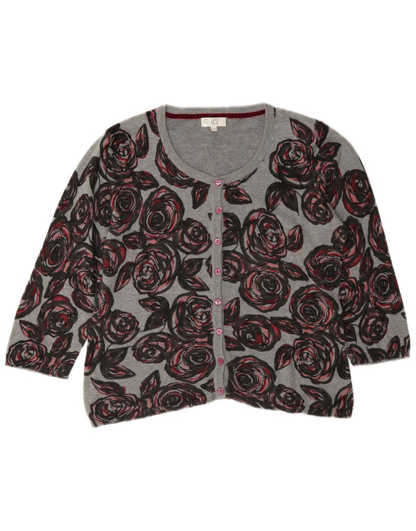 CC Womens Crop 3/4 Sleeve Cardigan Sweater UK 14 Mittelgraue geblümte Baumwolle