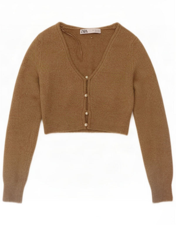 Zara Damen Crop Cardigan Pullover UK 10 Small Brown Flecked Polyester