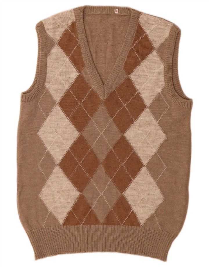 Vintage Herren Weste Tank Top Klein Beige Argyle/Diamant Acryl