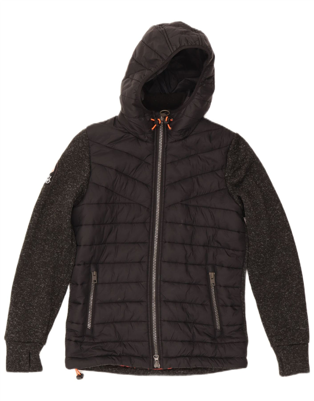 Superdry Wattierte Damenjacke mit Kapuze, UK 14, Mittelschwarz geflecktes Polyester