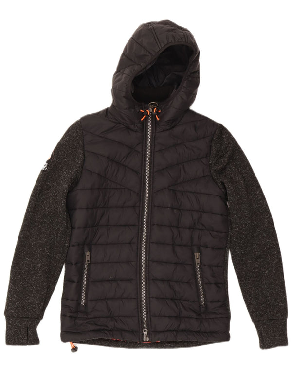Superdry Wattierte Damenjacke mit Kapuze, UK 14, Mittelschwarz geflecktes Polyester