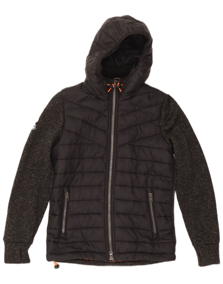Superdry Wattierte Damenjacke mit Kapuze, UK 14, Mittelschwarz geflecktes Polyester