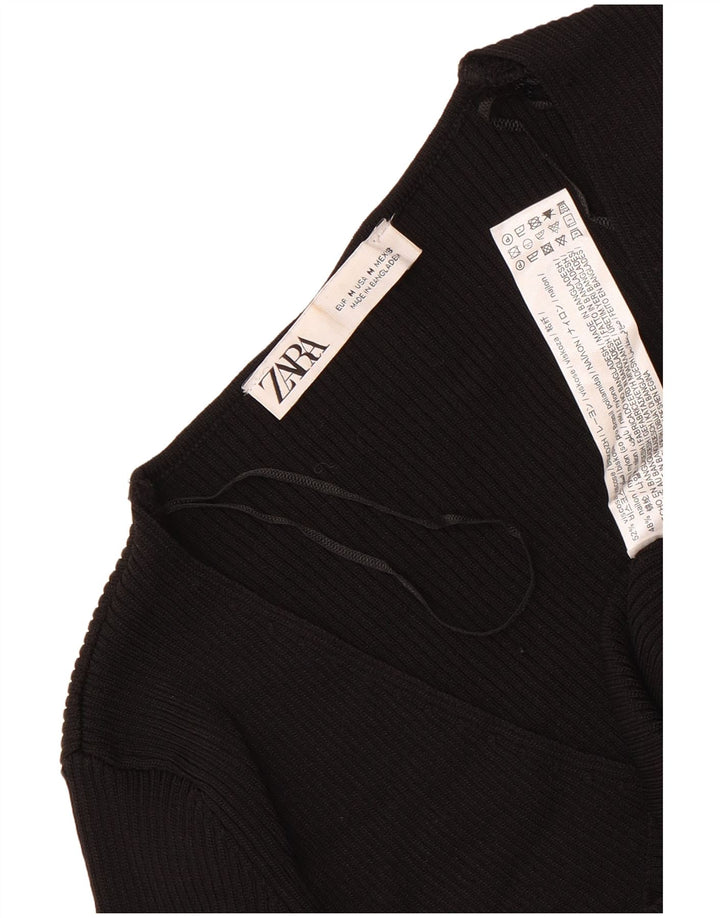 Zara Damen Crop Top Langarm UK 12 Medium Schwarz Viskose