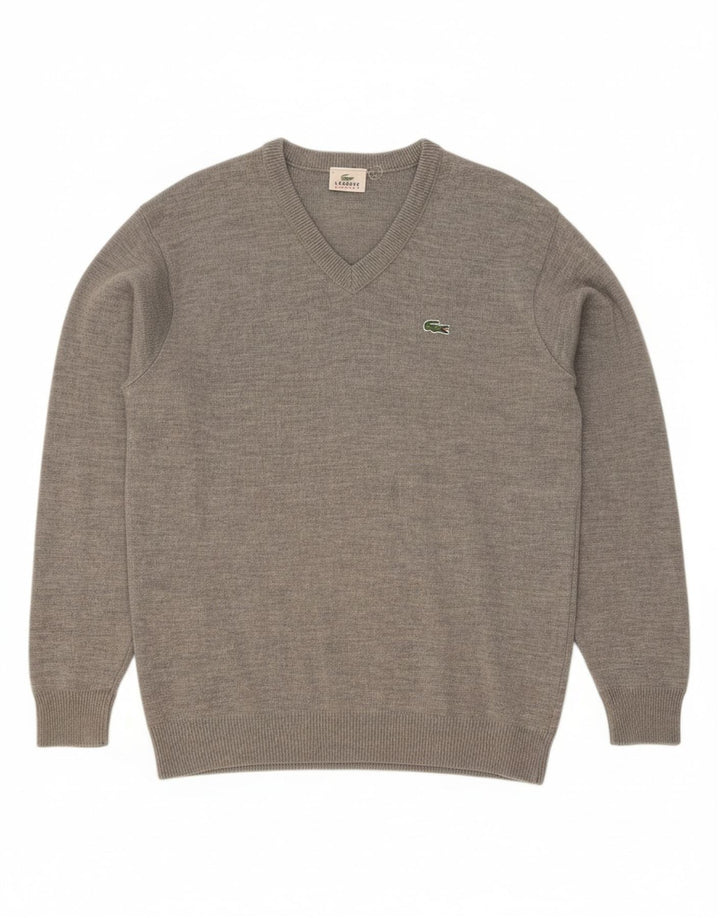 LACOSTE Mens V-Neck Jumper Sweater Size 5 Large Grey Wool