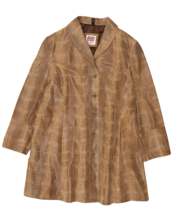 Vintage Damen Übergroßer Ledermantel EU 50 3XL Braunes Leder mit Animal-Print