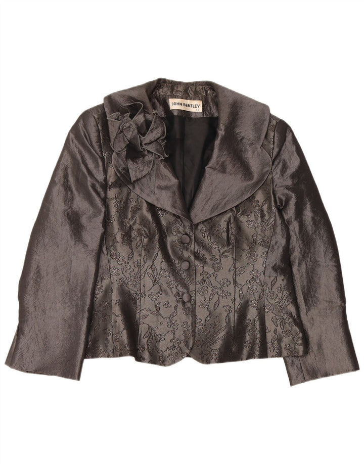 JOHN BENTLEY Damen-Cardigan-Oberteil UK 14 Large Graues Blumenmuster aus Polyester