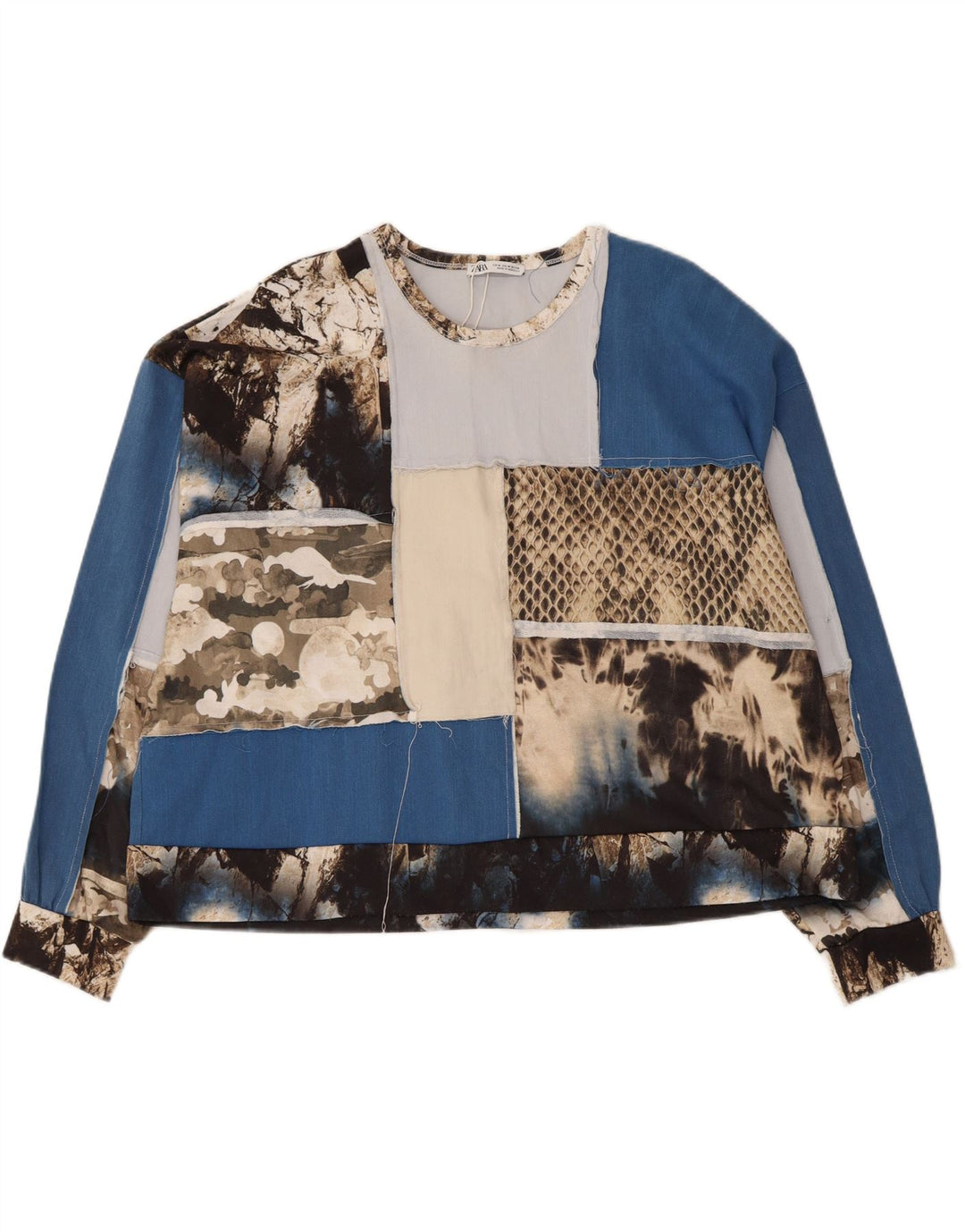 Zara Damen Crop Graphic Top Langarm UK 14 Medium Mehrfarbig