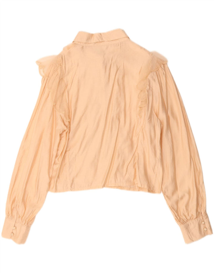 Vintage Damen Crop Rüschen Front Hemdbluse UK 14 Mittelbeige Viskose