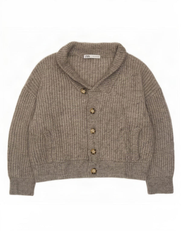 Zara Damen Crop Oversized Cardigan Pullover UK 10 Small Grau Acryl