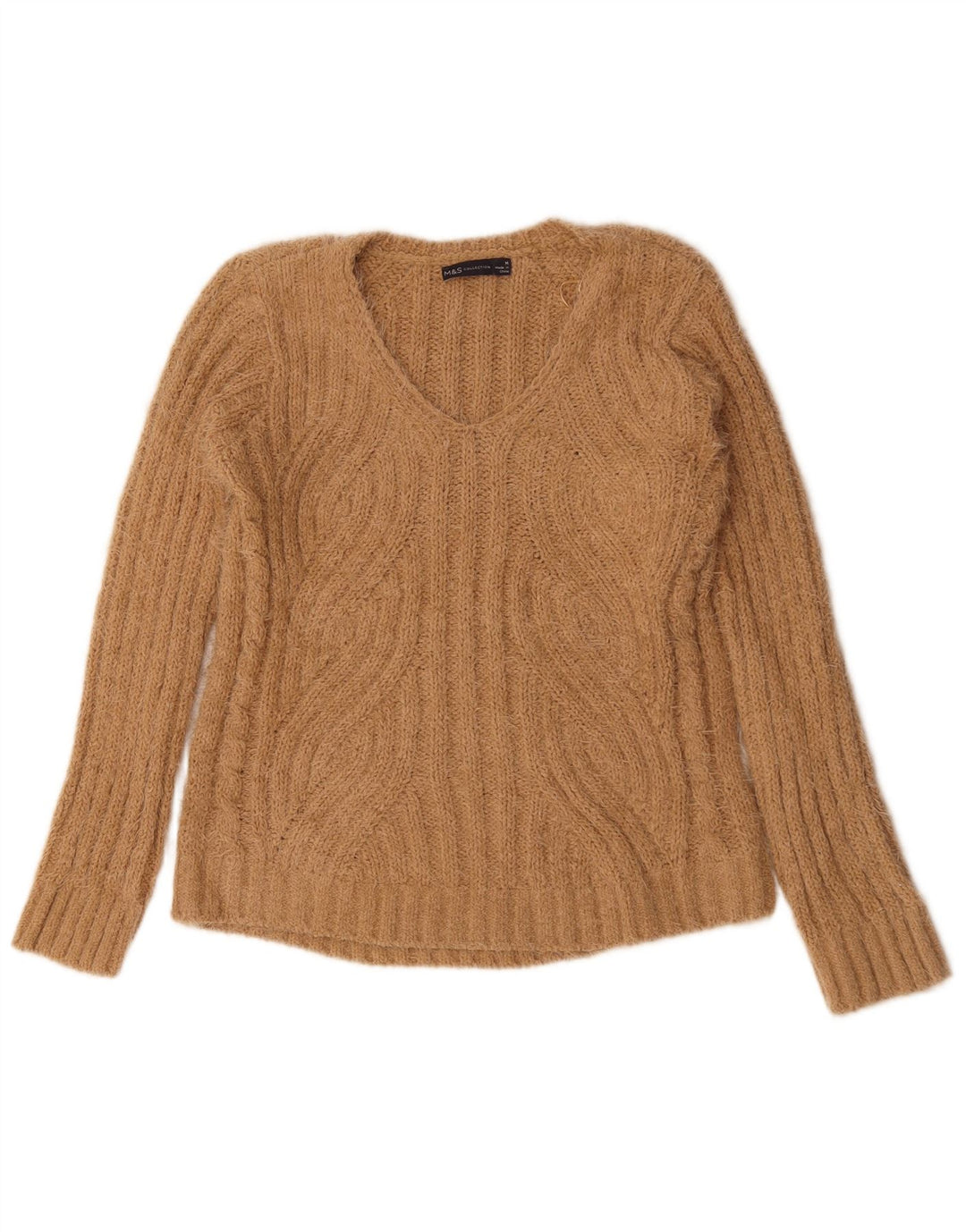 Marks & Spencer Damen-Pullover mit V-Ausschnitt, UK 14, mittelbeigefarbenes Polyester