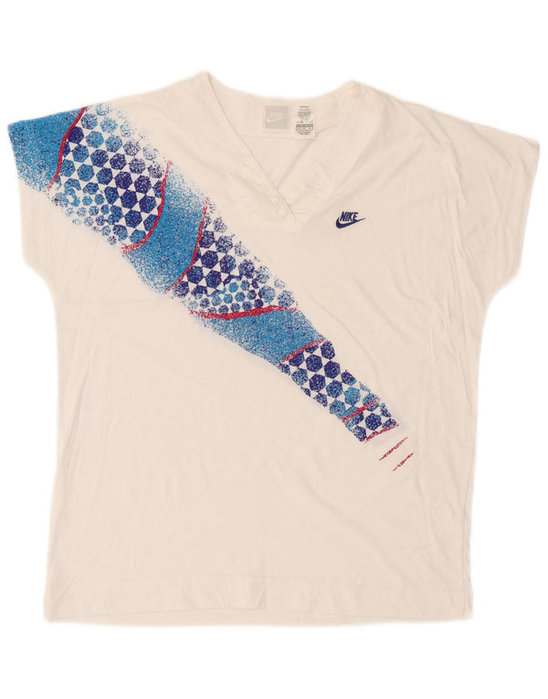 Nike Damen-T-Shirt mit Grafik, US 10/12, Mittelweiß, geometrische Baumwolle