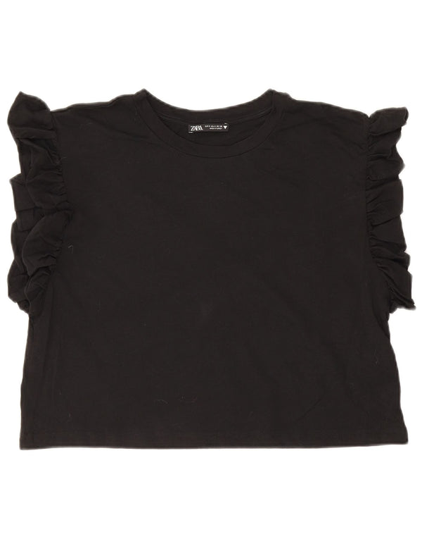 Zara Damen Crop T-Shirt Top UK 10 Small Schwarz Baumwolle