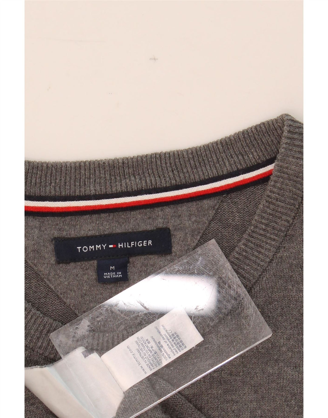 TOMMY HILFIGER Mens Crew Neck Jumper Sweater Medium Grey Colourblock Vintage Tommy Hilfiger and Second-Hand Tommy Hilfiger from Messina Hembry 