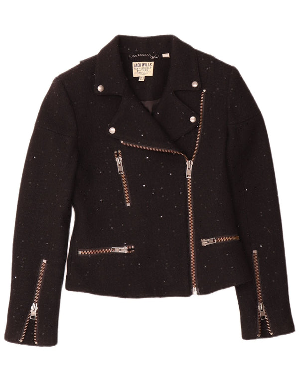 Jack Wills Damen Bikerjacke UK 12 Mittelschwarz gesprenkelte Wolle