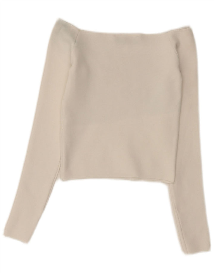 Zara Damen Crop Off Shoulder Top Langarm UK 6 XS Weiß Polyester