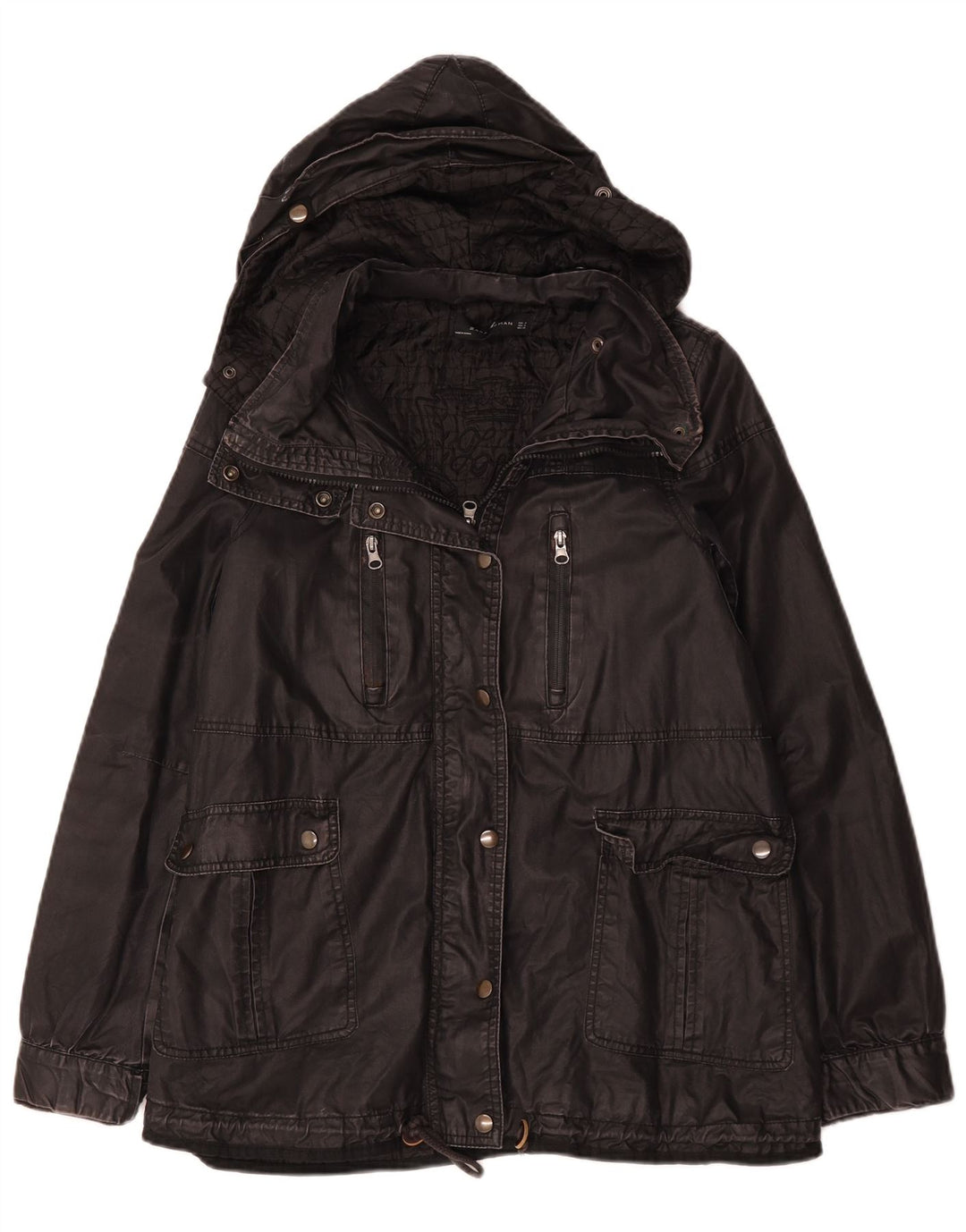 Zara Damen-Jacke aus gewachster Baumwolle mit Kapuze, UK 14, mittelschwarz
