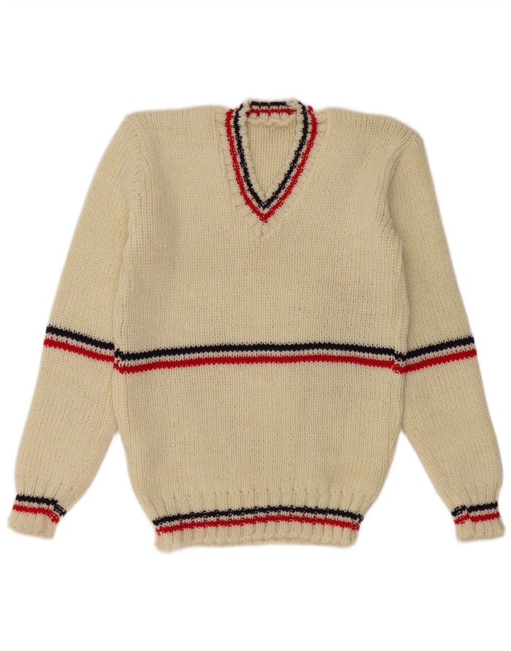 Vintage Herren Pullover mit V-Ausschnitt, klein, weiß gestreift