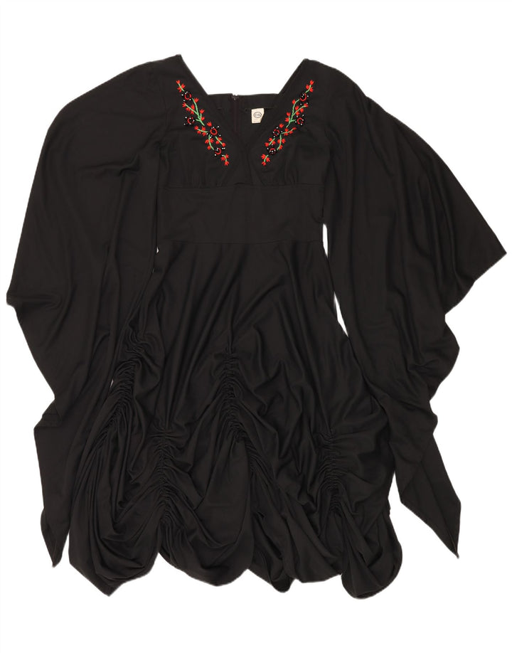 C&A Damen Batwing Pouf Kleid UK 12 Mittelschwarzes, geblümtes Polyester