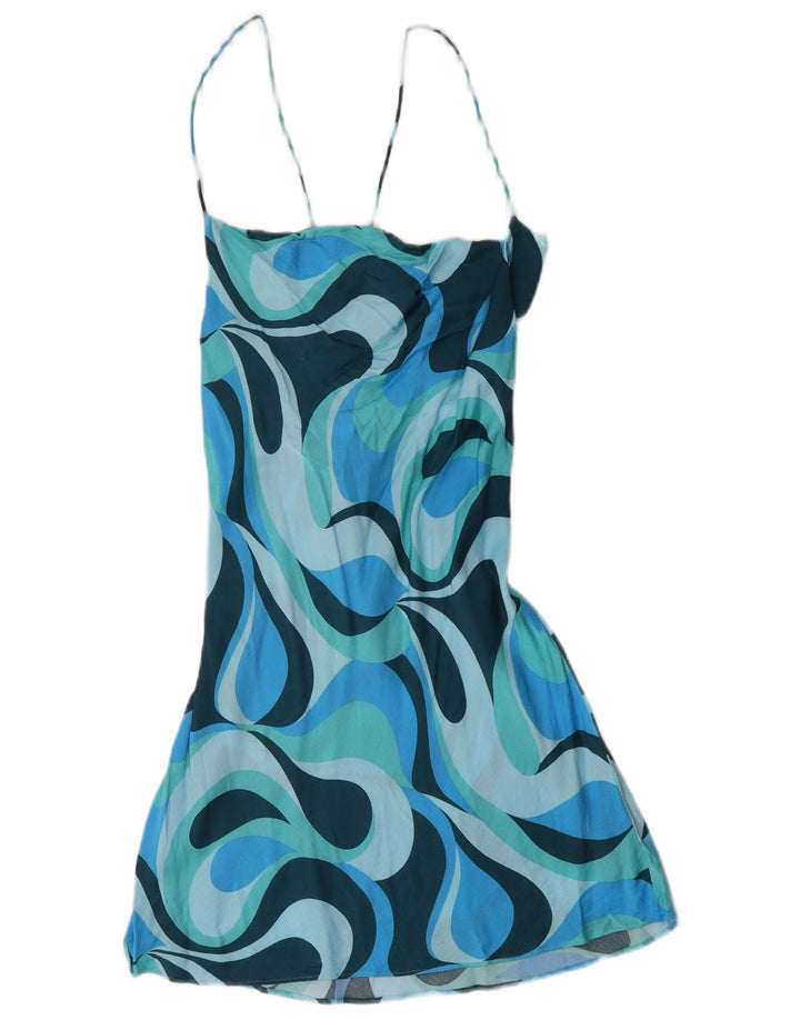 Zara Damen-Sommerkleid mit abstraktem Muster, Gr. 44, groß, blaue Farbblock-Viskose