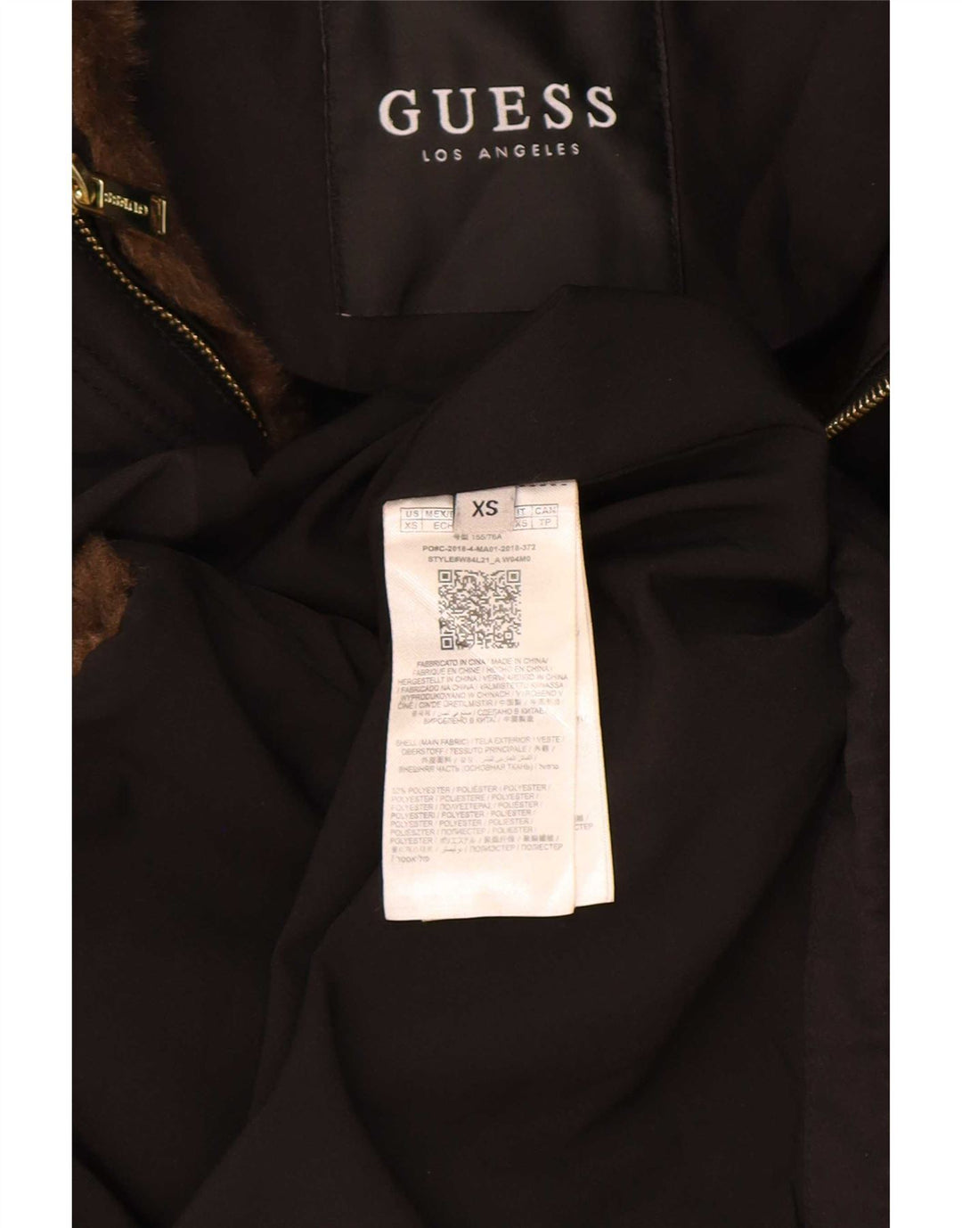Guess Damen-Parka mit grafischer Kapuze, UK 6, XS, Schwarz, Polyester