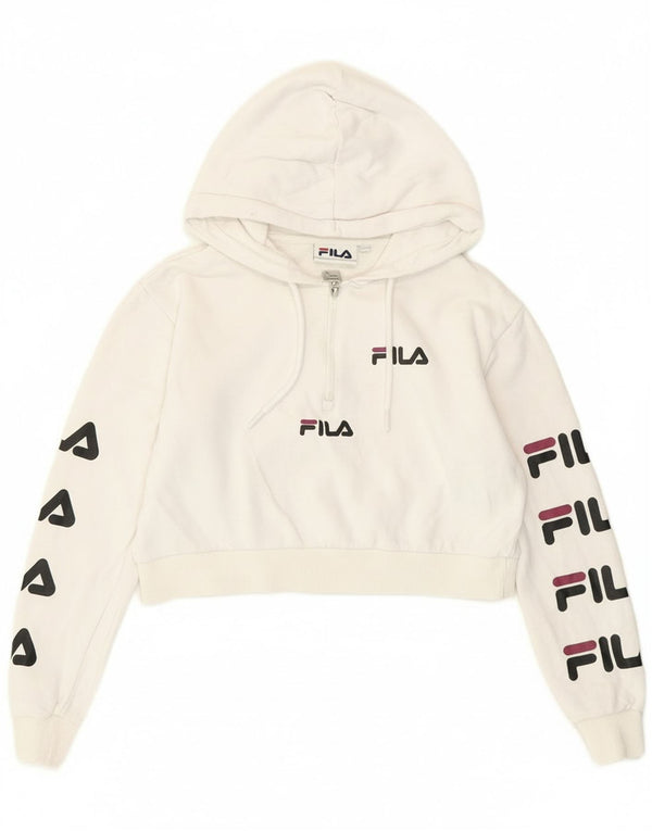 Fila Womens Crop Graphic Übergroßer Kapuzenpullover UK 4 XS Weiße Baumwolle