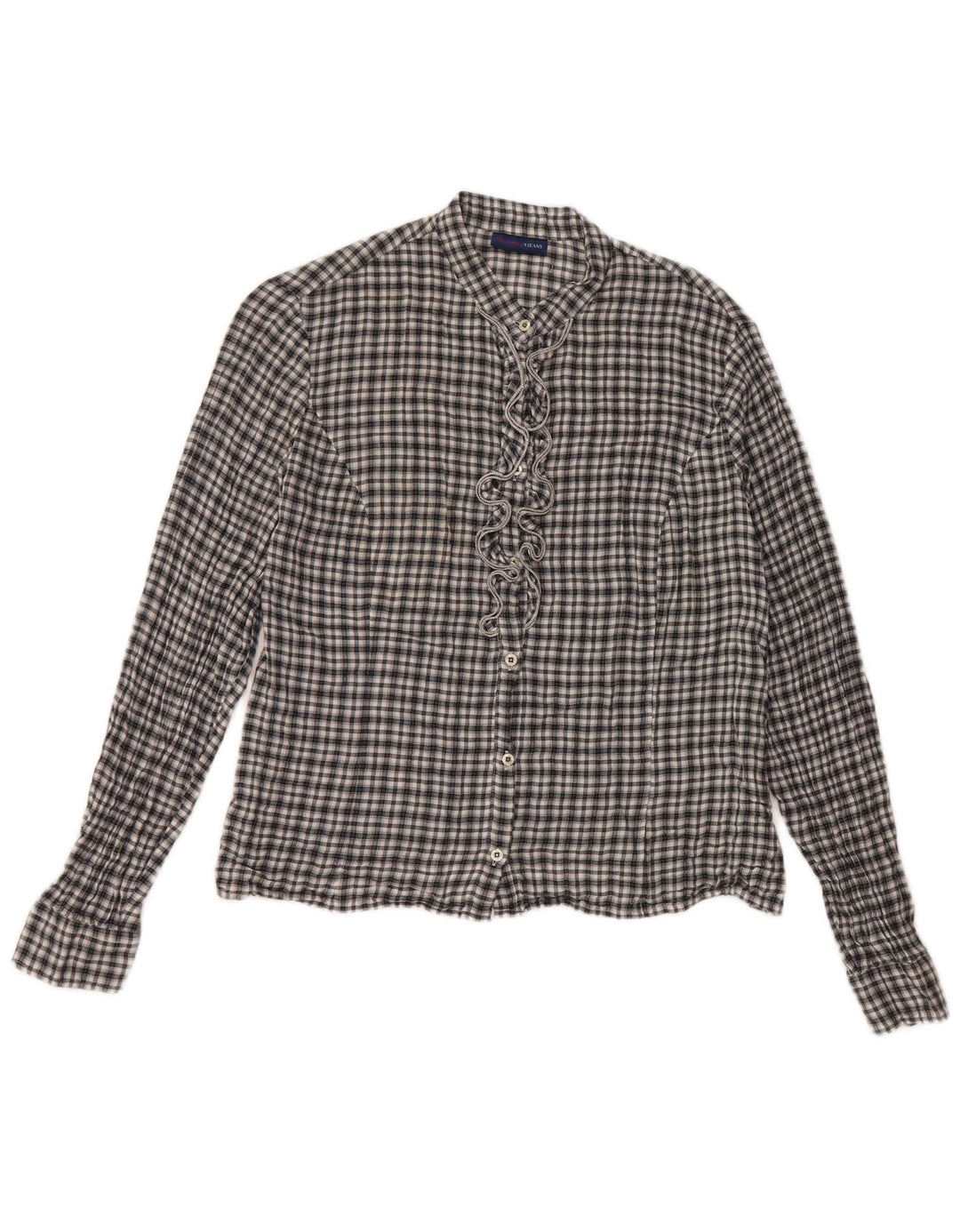 Trussardi Jeans Damen-Hemd mit Rüschen vorne, UK 14, groß, schwarz kariert, Baumwolle