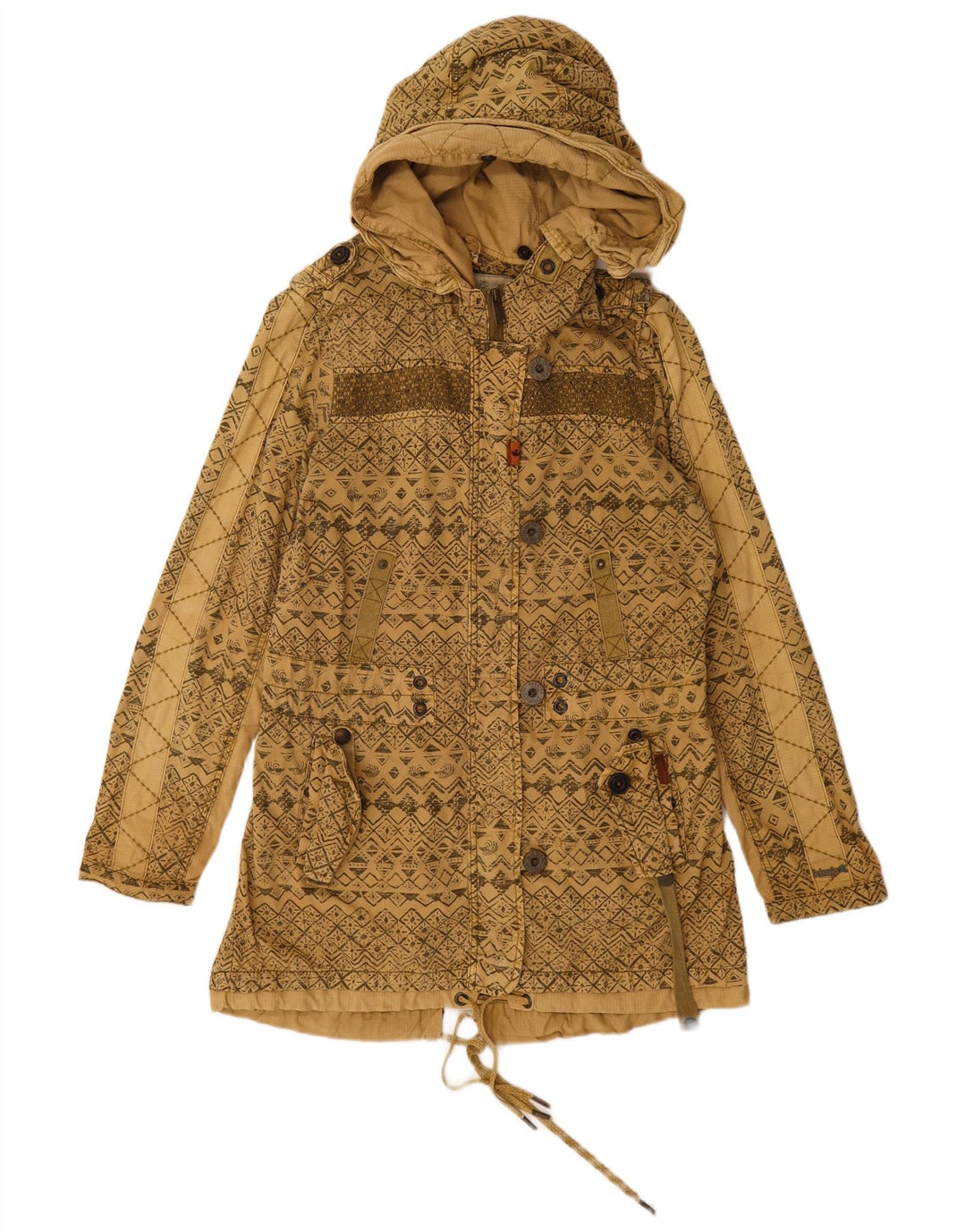 KHUJO Damen-Parka mit Kapuze, UK 16, Größe L, beige, geometrische Baumwolle