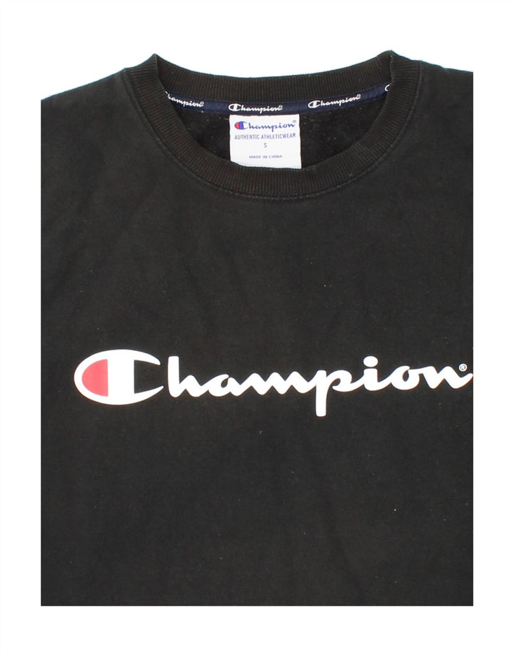 CHAMPION Mens Graphic Sweatshirt Jumper Small Black Cotton Vintage Champion and Second-Hand Champion from Messina Hembry 