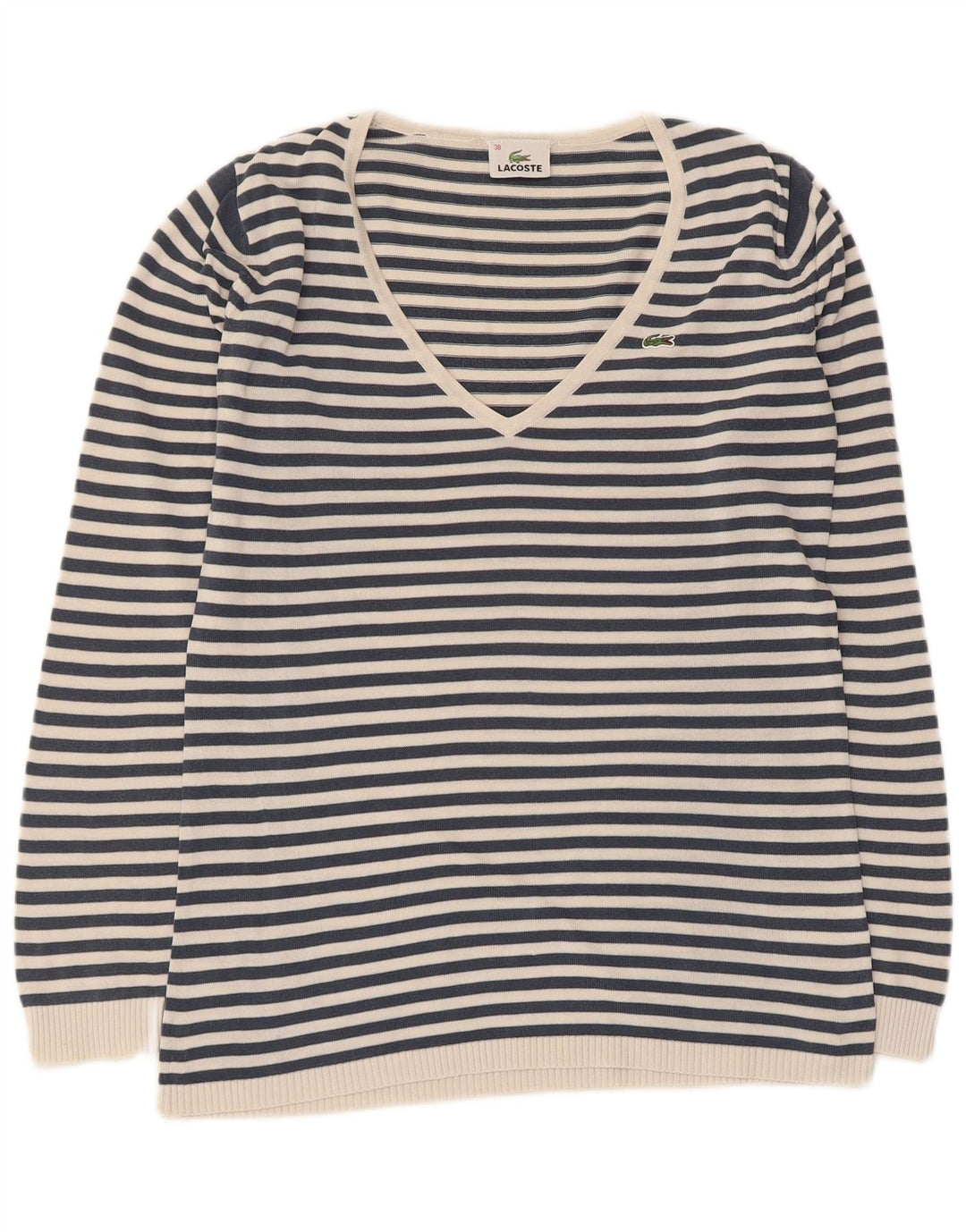Lacoste Damen-Pullover mit V-Ausschnitt, Größe 38, mittelmarineblau gestreift