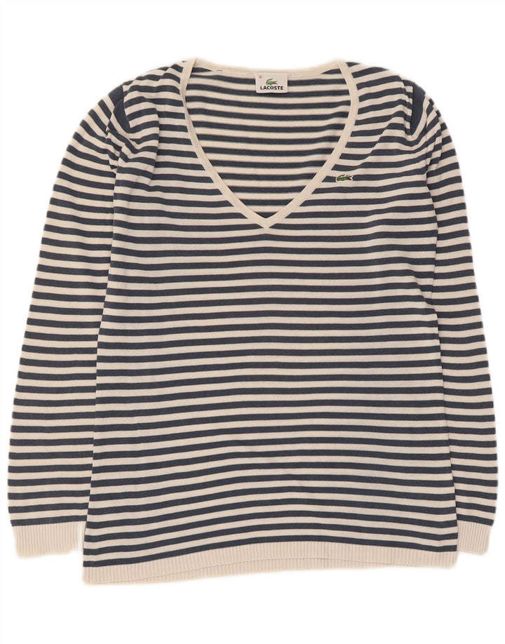 Lacoste Damen-Pullover mit V-Ausschnitt, Größe 38, mittelmarineblau gestreift