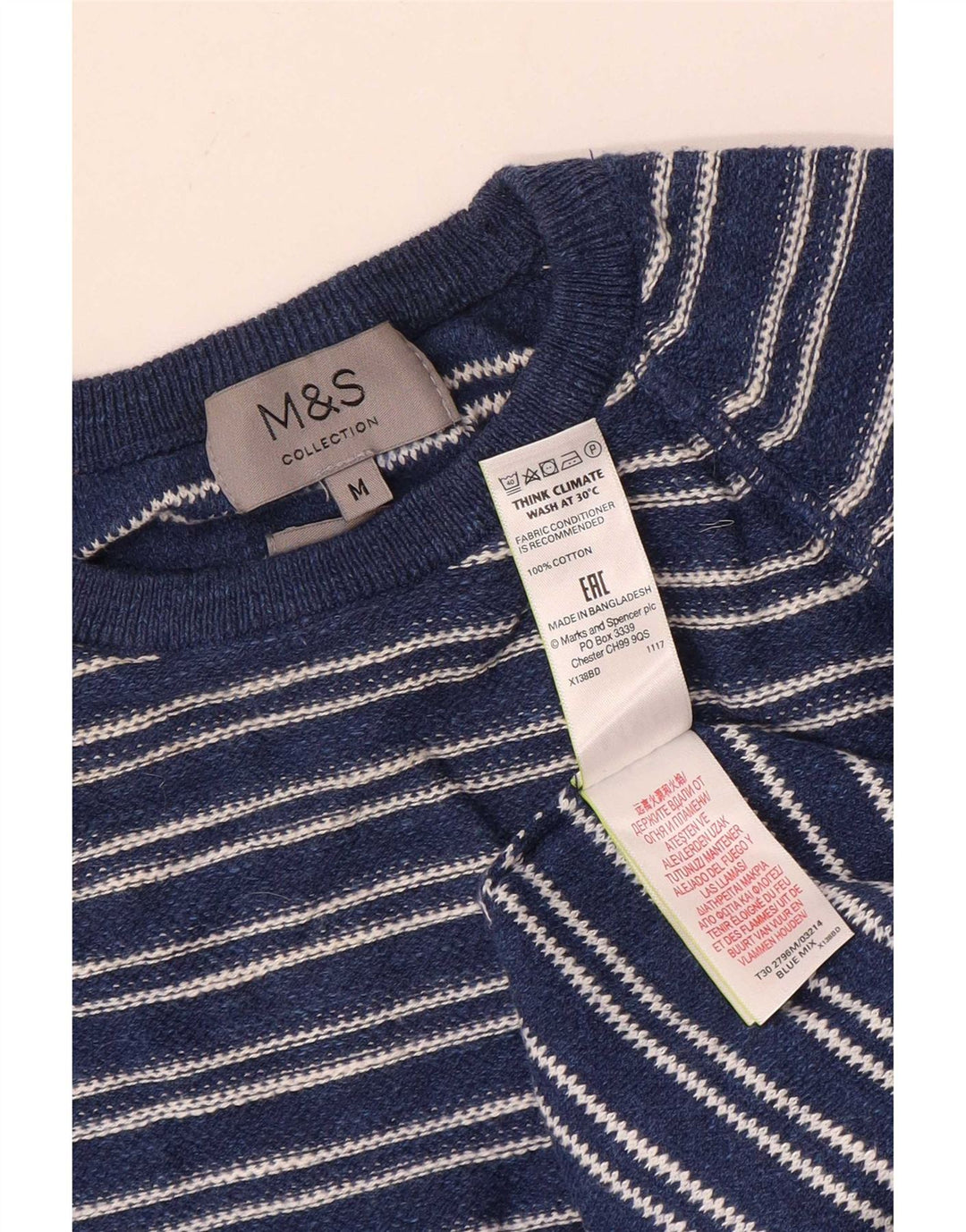 Marks & Spencer Herren-Pullover mit Rundhalsausschnitt, mittleres Marineblau gestreift