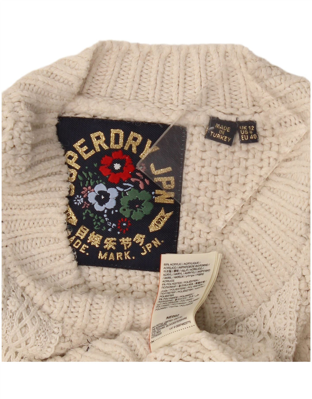 Superdry Damen-Pullover mit Rundhalsausschnitt, übergroß, Gr. 12, mittelgrau, gebrochenes Weiß