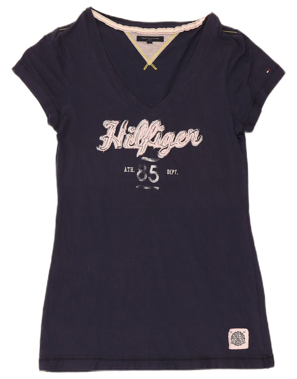 TOMMY HILFIGER Damen Grafik T-Shirt Top UK 12 Medium Marineblau Baumwolle