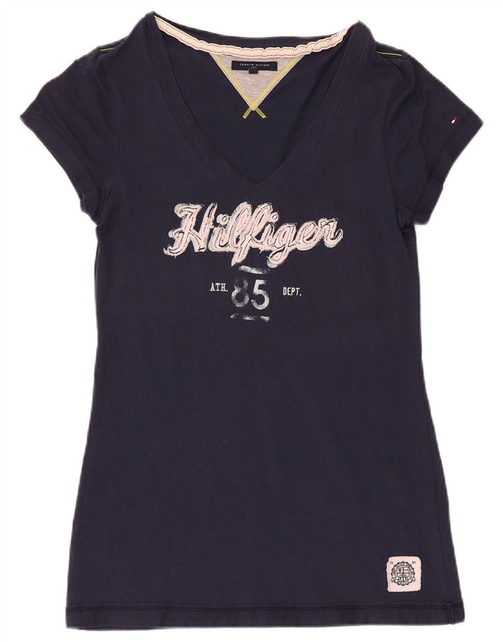 TOMMY HILFIGER Damen Grafik T-Shirt Top UK 12 Medium Marineblau Baumwolle