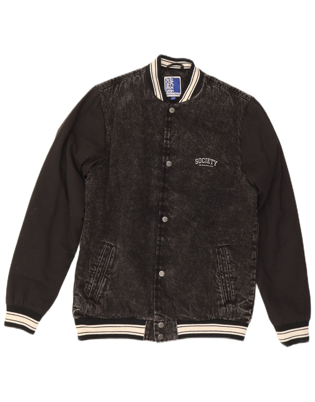 JACK & JONES Boys Graphic Denim Varsity Jacket 15-16 Years Black Cotton