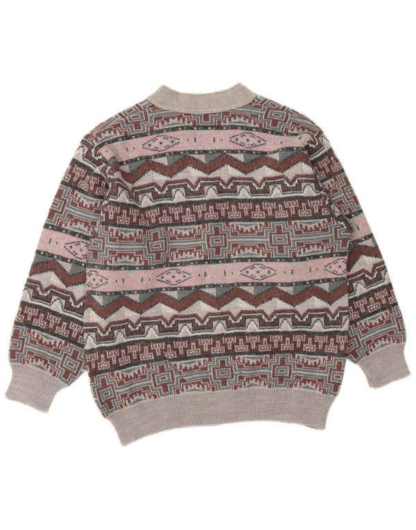 VINTAGE Mens V-Neck Jumper Sweater Medium Grey Geometric