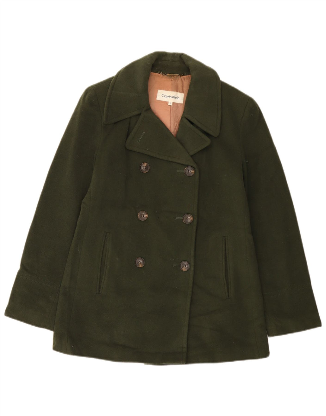 CALVIN KLEIN Damen Pea Coat US 6 Medium Khaki Wolle