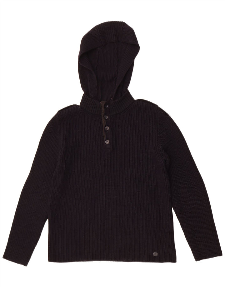 Trussardi Herren-Pullover mit Kapuze und Knopfkragen, mittelmarineblaue Wolle