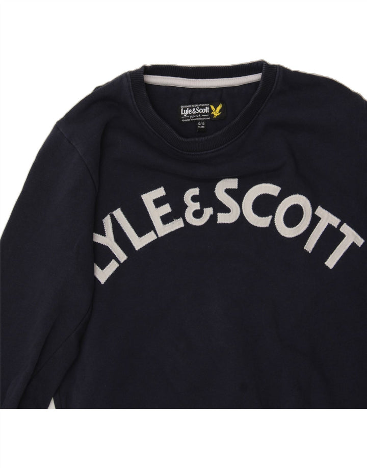 LYLE & SCOTT Boys Graphic Sweatshirt Jumper 12-13 Years Navy Blue Cotton Vintage Lyle & Scott and Second-Hand Lyle & Scott from Messina Hembry 