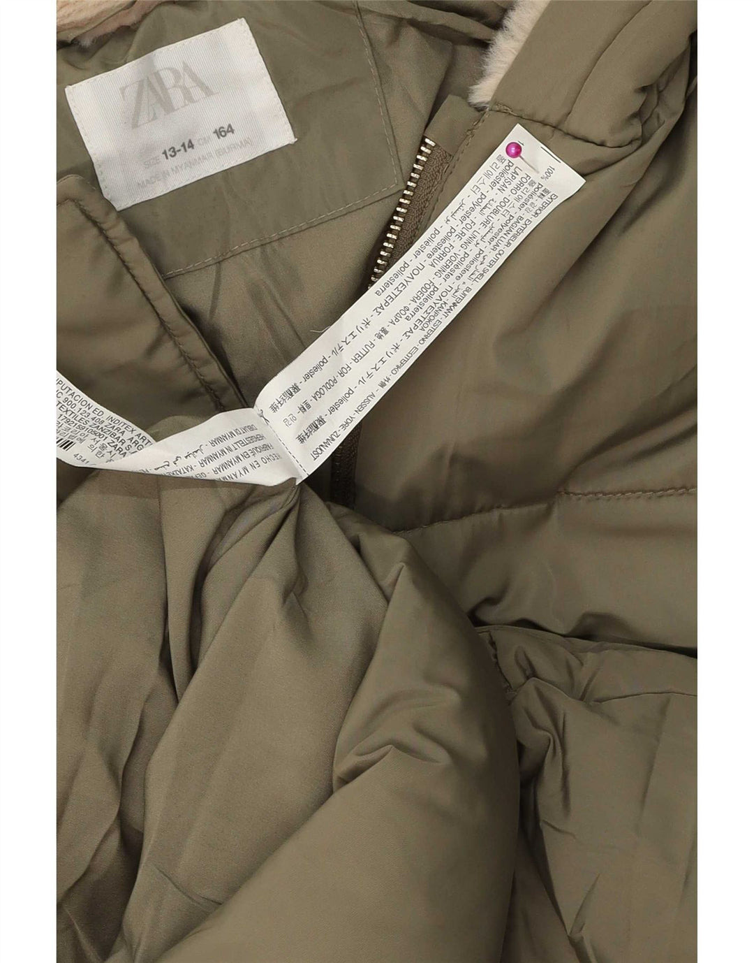 Zara Wattierte Jacke mit Kapuze für Mädchen, 13–14 Jahre, grünes Polyester