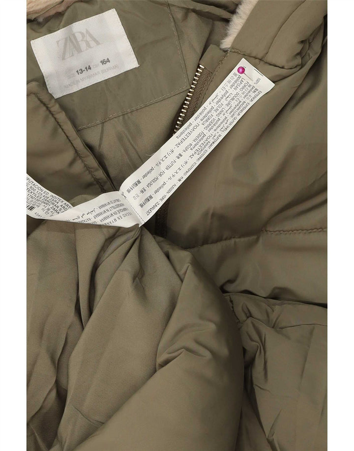 Zara Wattierte Jacke mit Kapuze für Mädchen, 13–14 Jahre, grünes Polyester