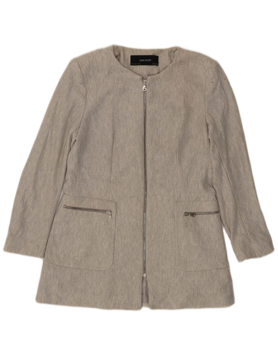 Zara Damen-Blazer mit durchgehendem Reißverschluss, UK 18, XL, graue Baumwolle mit Fischgrätenmuster