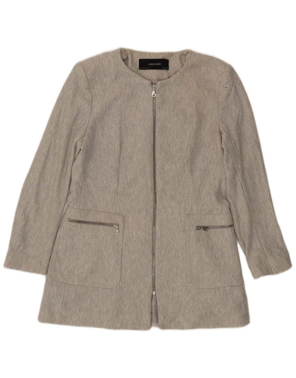 Zara Damen-Blazer mit durchgehendem Reißverschluss, UK 18, XL, graue Baumwolle mit Fischgrätenmuster